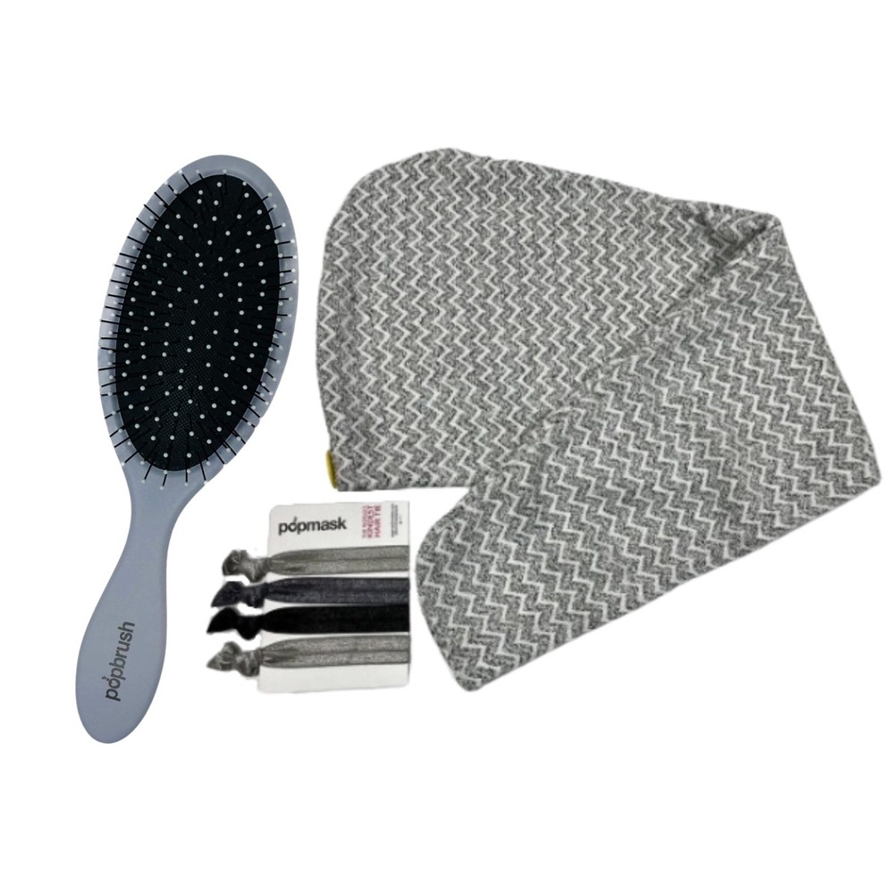 Popmask Ultimate Hair Set Detangling Gray Hair Brush With Hair Ties & Turban new - Picture 2 of 8